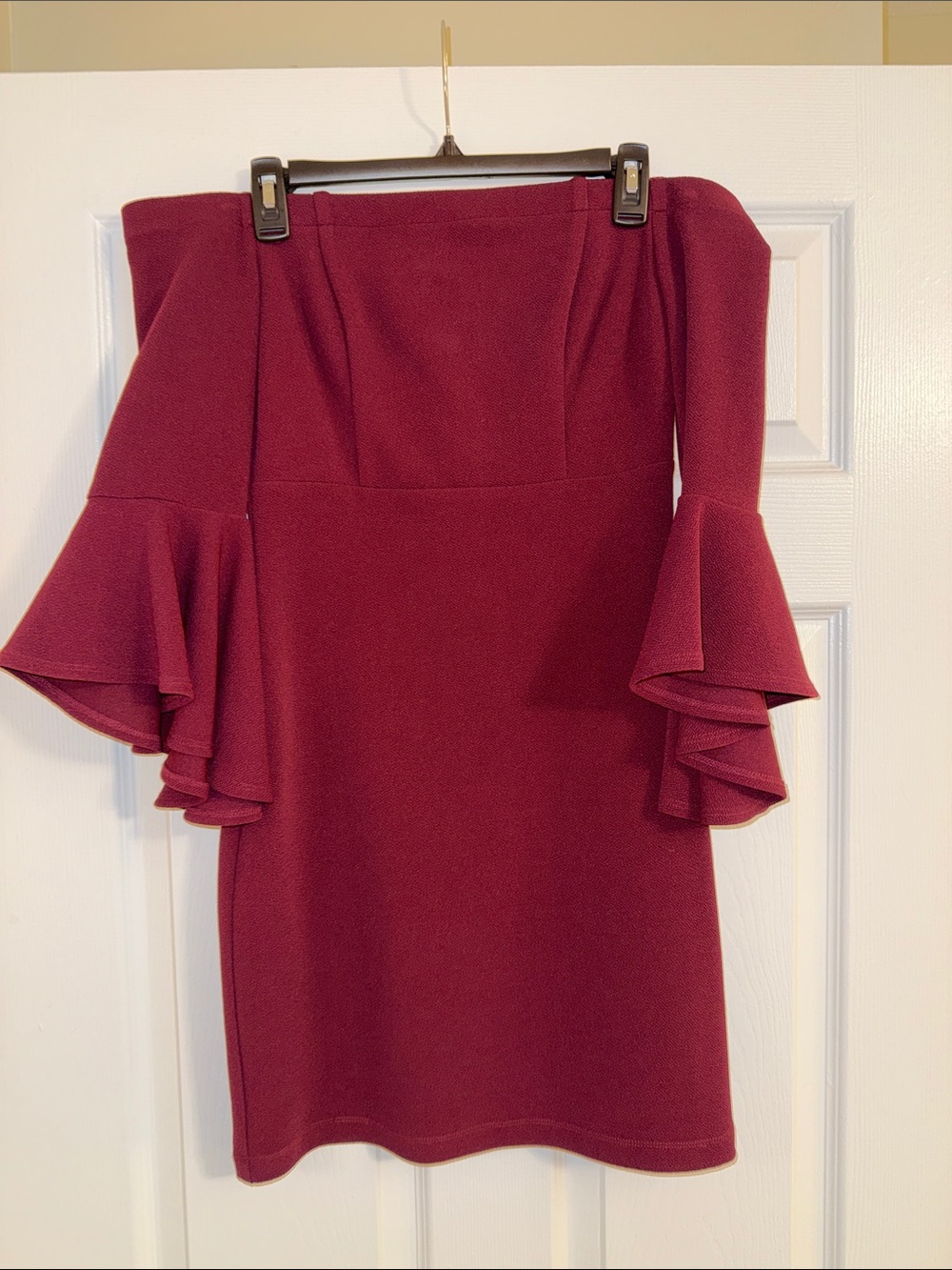 Teezeme Off-Shoulder Burgundy Ruffle Sleeve Dress